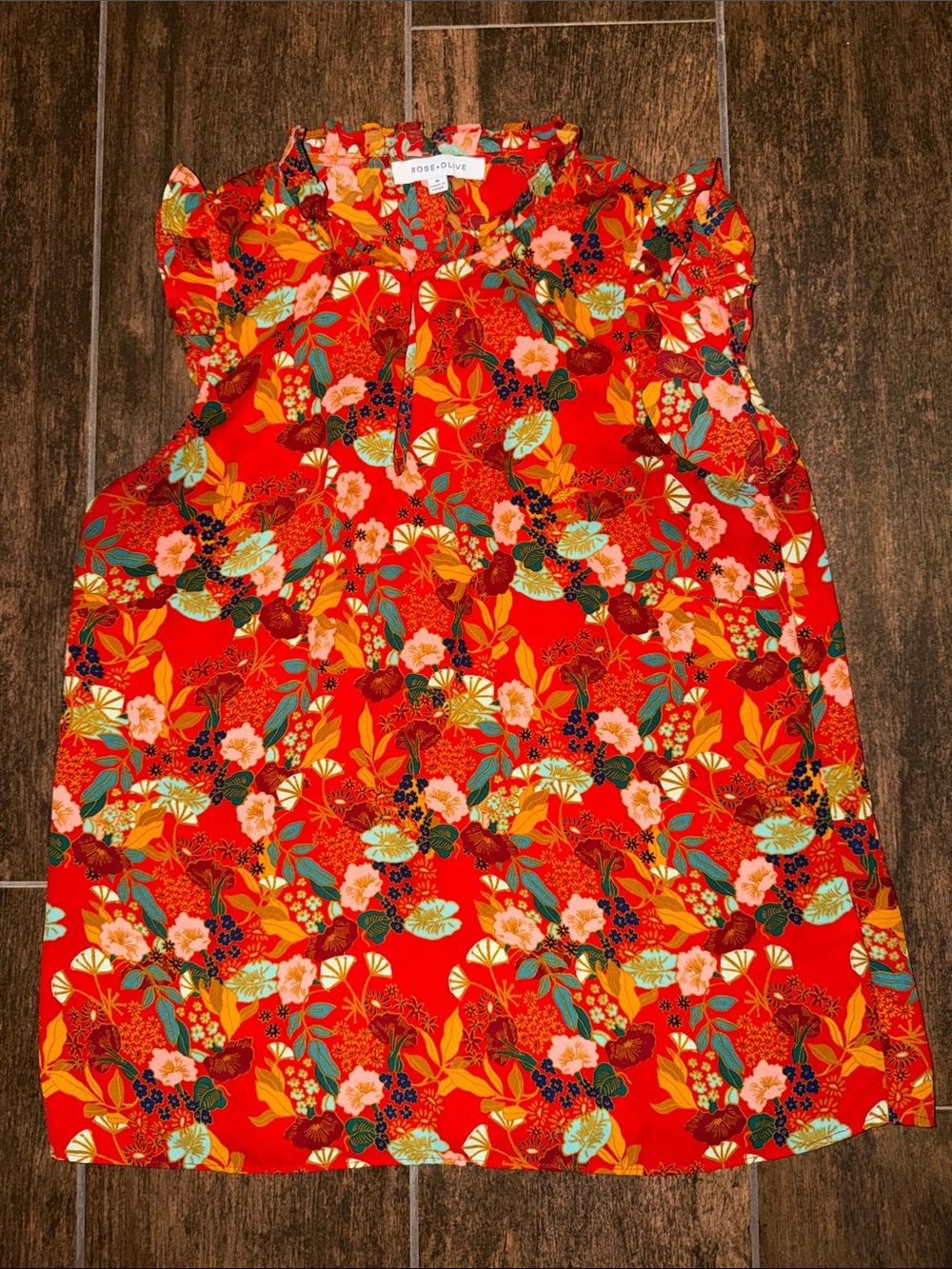 Rose & Olive Red Floral Ruffle-Neck Sleeveless Blouse